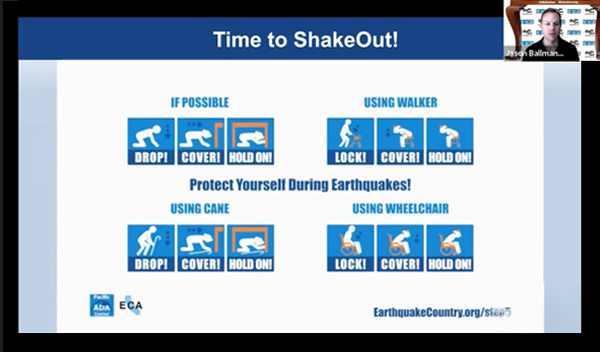 Images: ECA’s Jason Ballmann giving instructions on how to perform the ShakeOut earthquake drill during the Facebook Live event on October 15