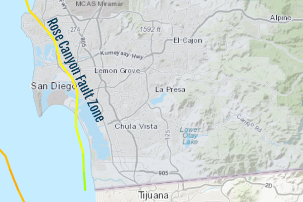 Image: Map of the Rose Canyon Fault in San Diego & Risk Map