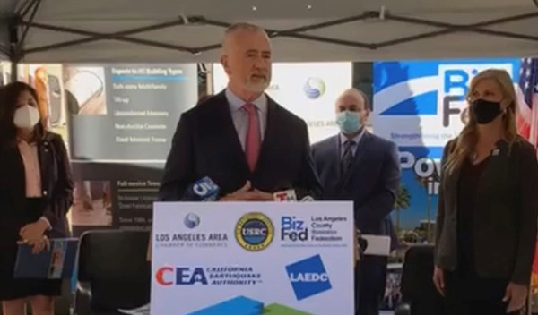 Image: CEA’s Glenn Pomeroy advising Californians to protect and strengthen their homes against earthquake damage during a press conference in Los Angeles