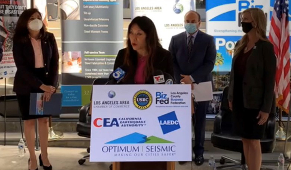 Image: California State Treasurer, Fiona Ma, speaking about earthquake preparedness during a press event in Los Angeles on October 14