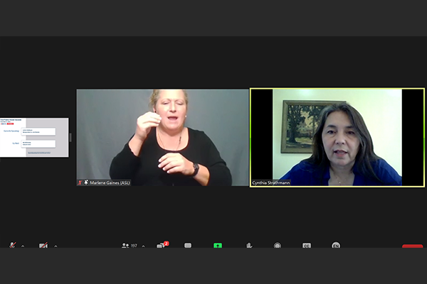 Image: Sign language interpretation and stakeholder comment session during CEA’s online Public Forum/Listening Session on November 9, 2021. From left: Marlene Gaines, American Sign Language interpreter; Cynthia Strathmann, Strategic Action for a Just Economy.